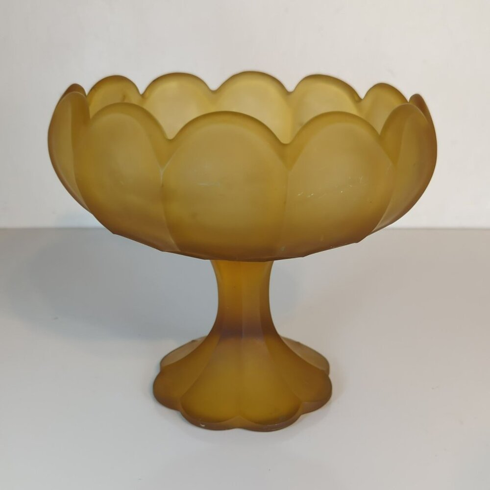 Vintage Tiffin Frosted Amber Glass Satin Compote Pedestal Bowl 7-In High